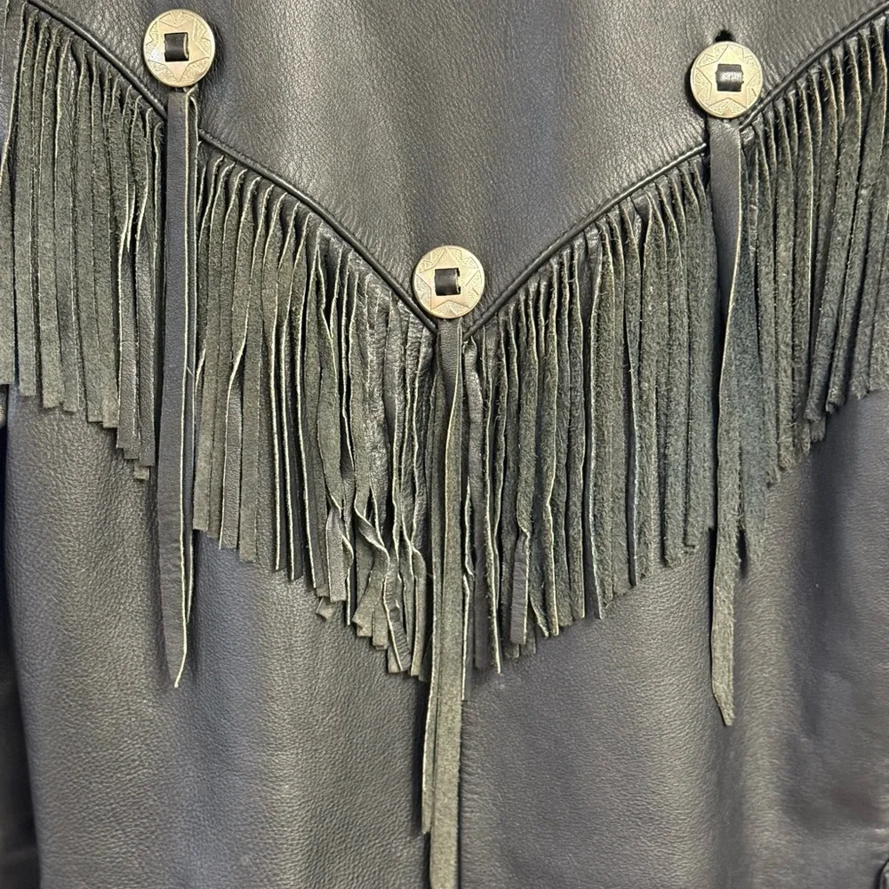 Verducci size 38 black leather fringe moto jacket skull buttons - Picture 8 of 15